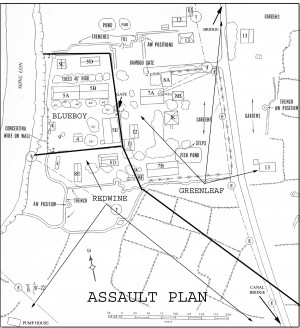 This figure shows the camp area and targets assigned to the Blueboy, Redwine, and Greenleaf Groups. (Joint Contingency Group sketch adjusted by John Gargus) 